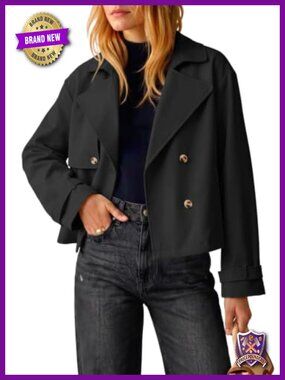 Cropped Double Breasted Trench Coat Short Raglan Sleeve Loose Fit